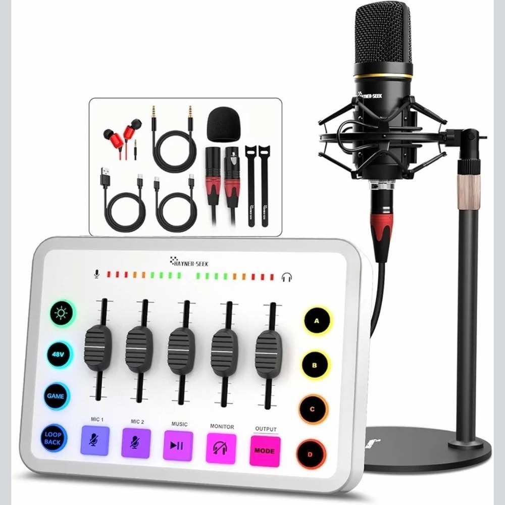Gaming Audio Mixer XLR Interface Bundle, Streaming Podcast, 48V Condenser Mic